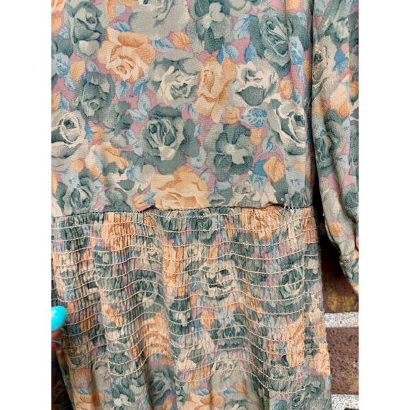 Vintage 1980s Taurus II Floral Print Dress Lace Collar Long Sleeve Drop Waist - Picture 14 of 15